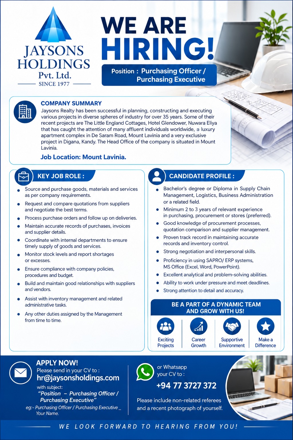 We Are Hiring — Marketing & Brand Coordinator (Multi Industry) — Jaysons Holdings (Pvt) Ltd